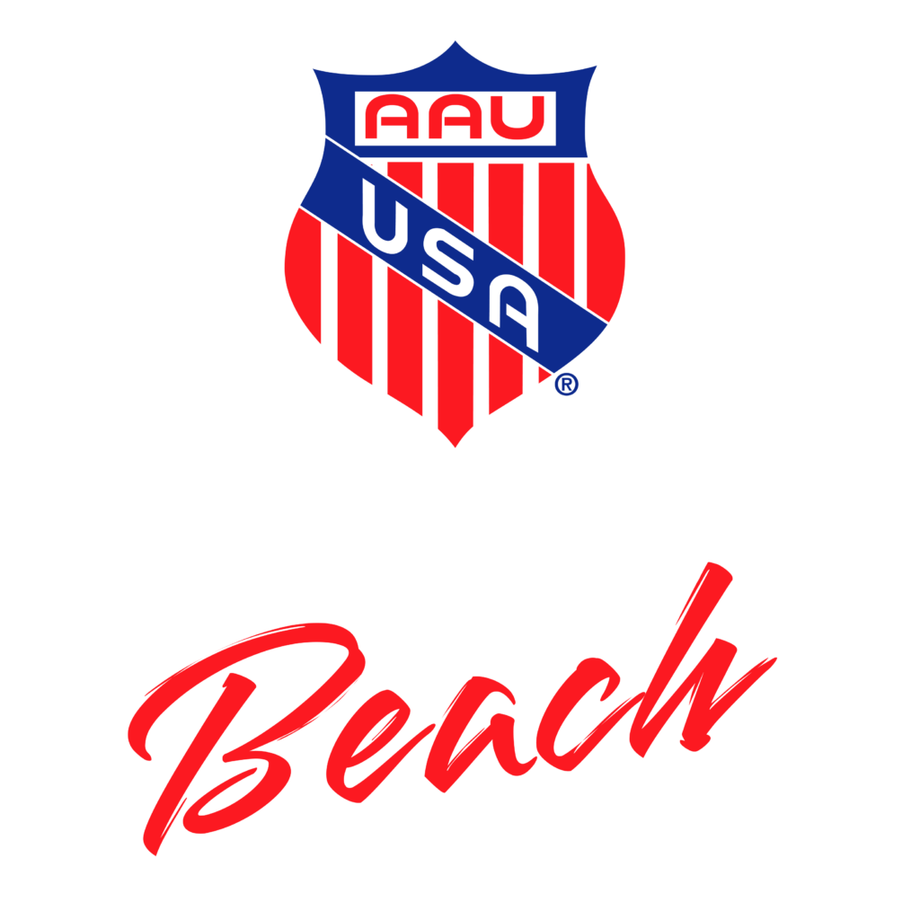 Logo featuring a red, white, and blue shield with "AAU" and "USA" text above the word "Beach" in red cursive.