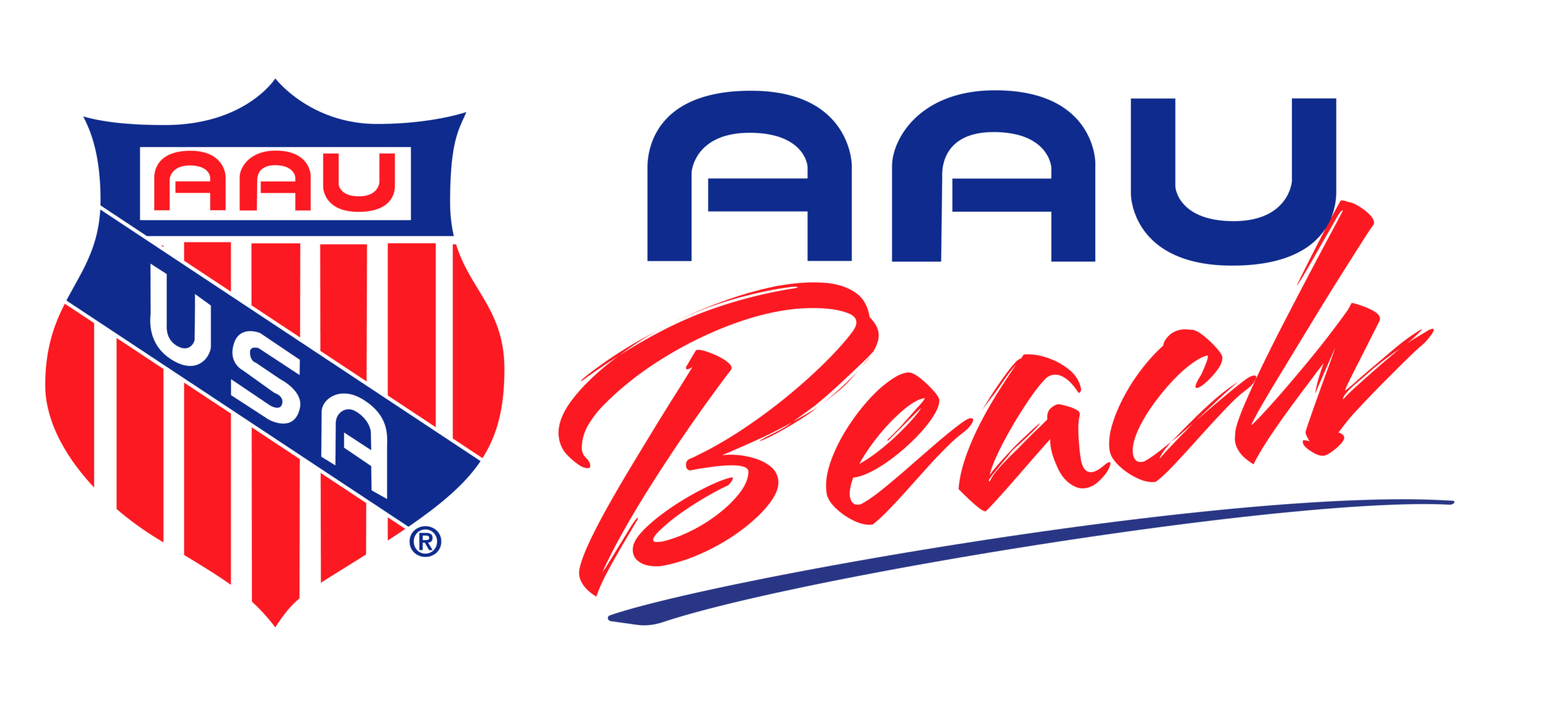 Logo featuring a red, white, and blue shield with "AAU" and "USA," above the text "AAU Beach" in bold blue and cursive red.